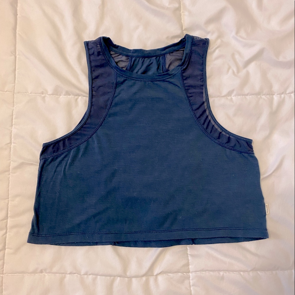Navy Blue Athletic Cropped Mesh Detail Tank Top